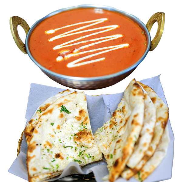 Butter chicken curry served with garlic naan