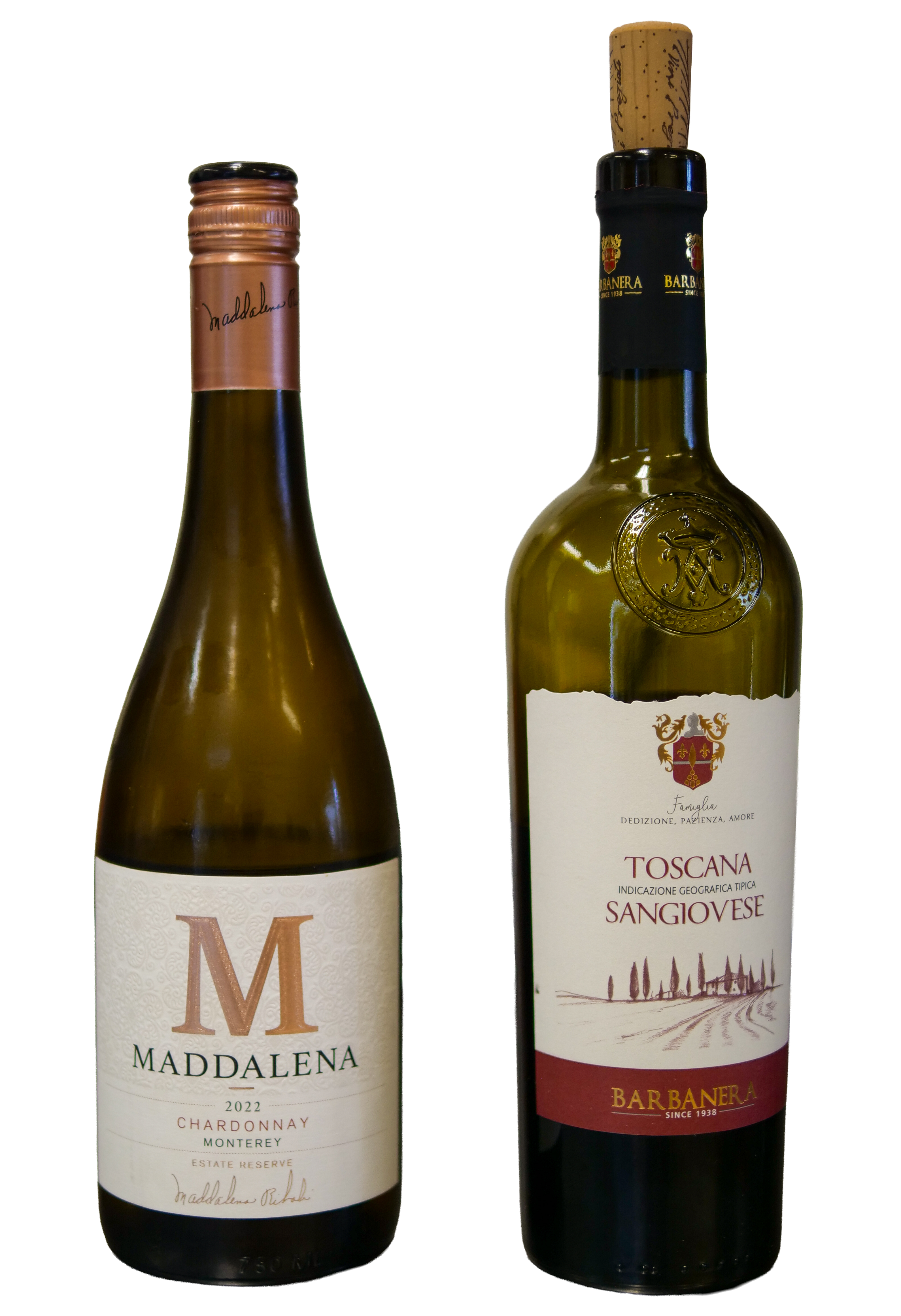 Selection of red and white wine bottles and glasses